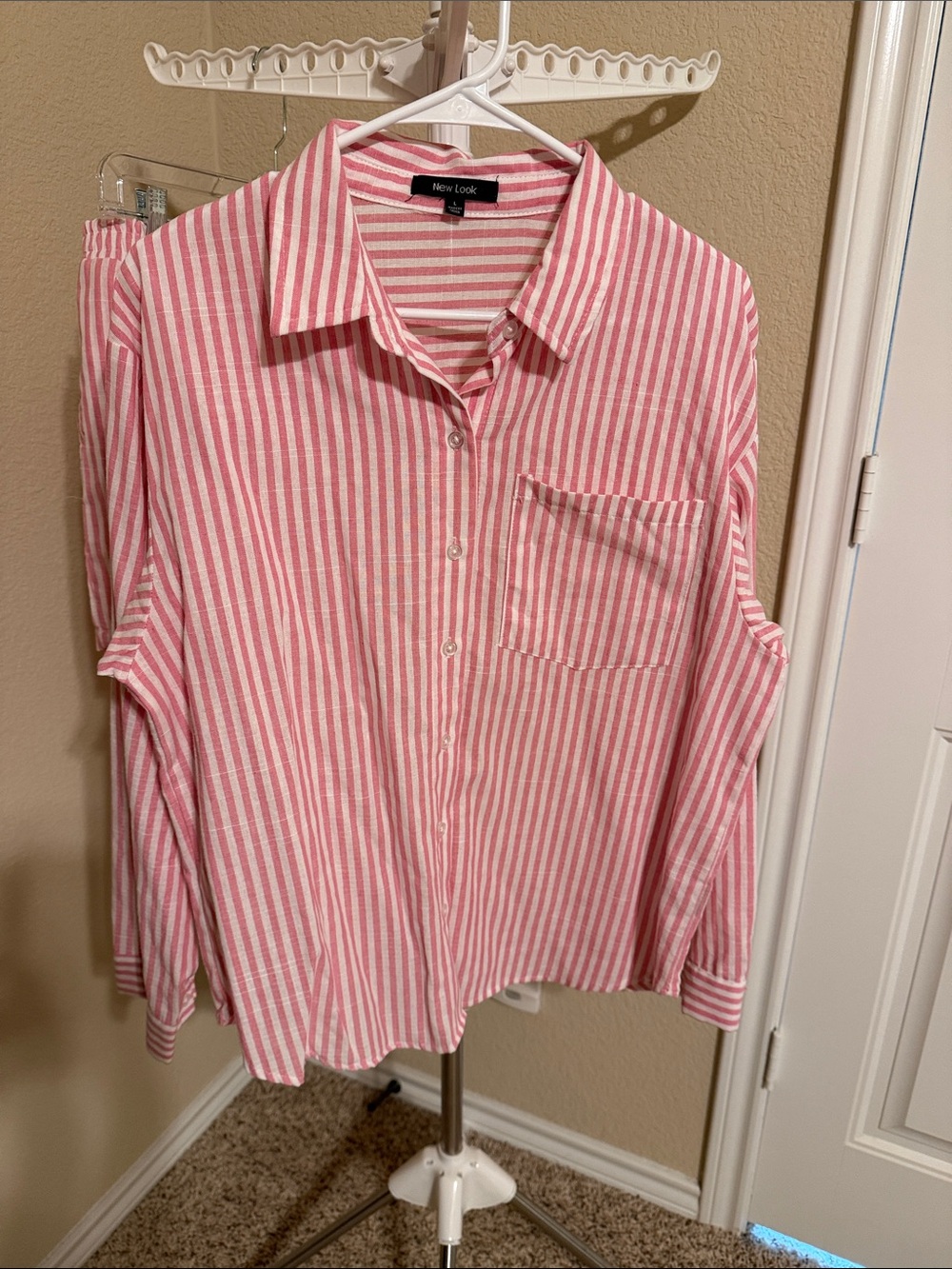 New Look Pink and White Striped Button-Down Shirt and Shorts Set